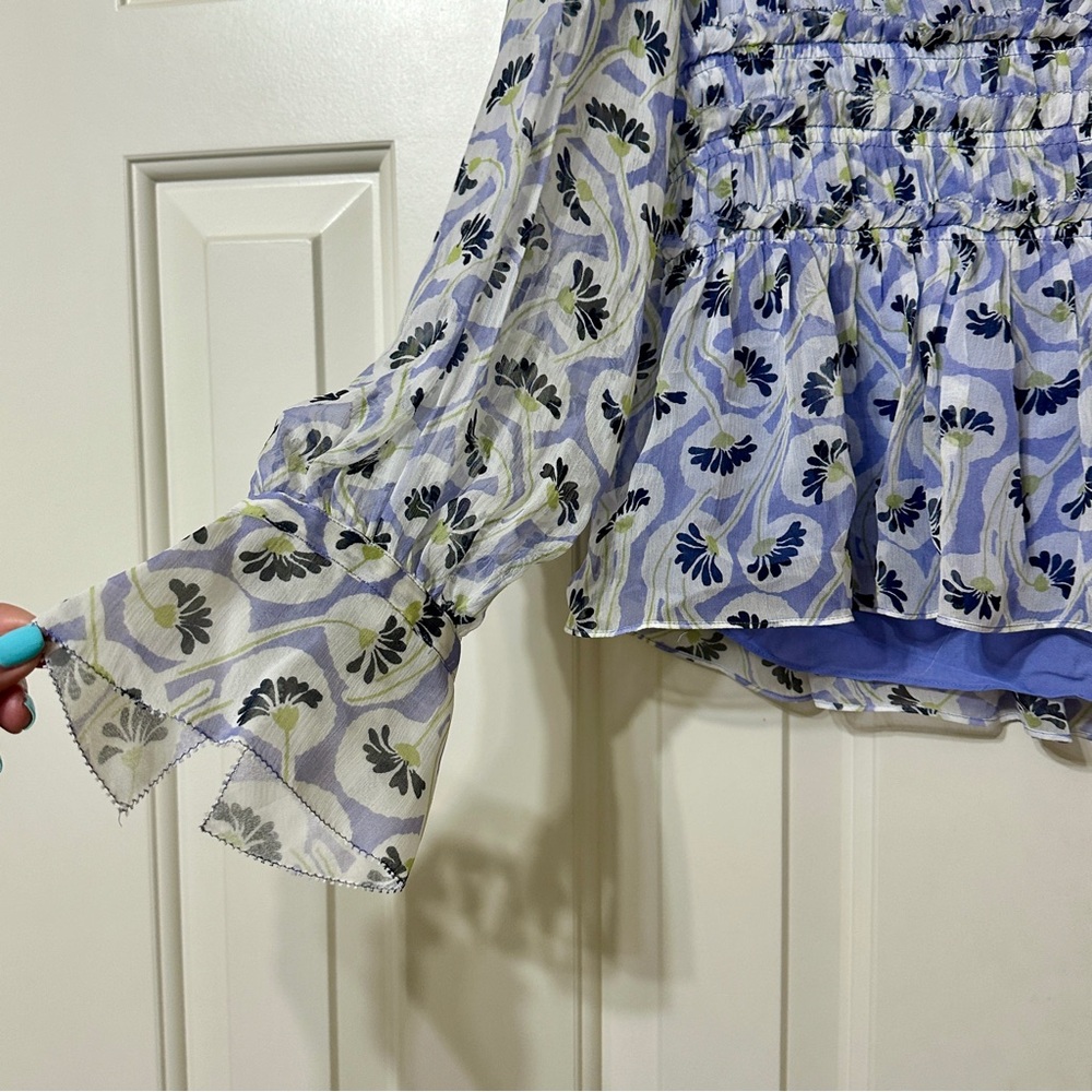 NWT Rebecca Taylor Deco Floral Print Silk Blouse Fleur Aster Ruffle Peplum Sz 8 - Picture 8 of 13
